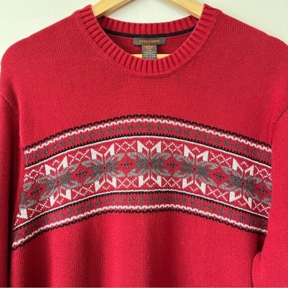 Dockers 100% Cotton Red & Gray Fair Isle Grandpa / Dad Sweater Size Large - Picture 3 of 13